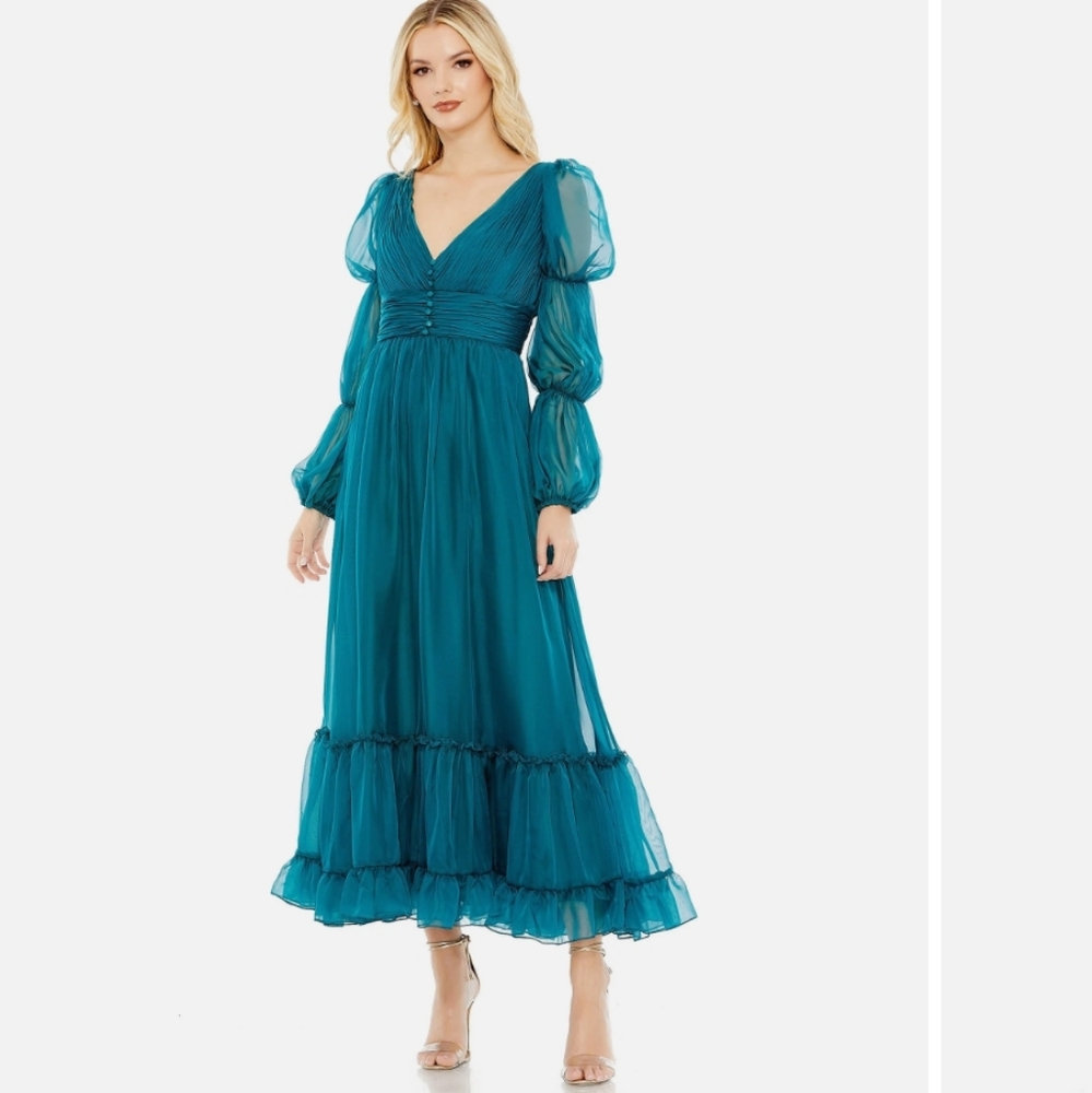 Mac Duggal Ruched tiered a line cocktail dress in teal